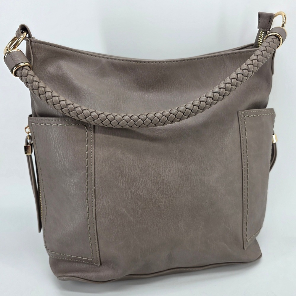 Miztique Hobo Shoulder Bag Taupe Faux Leather Braided Minimalist Boho Neutral